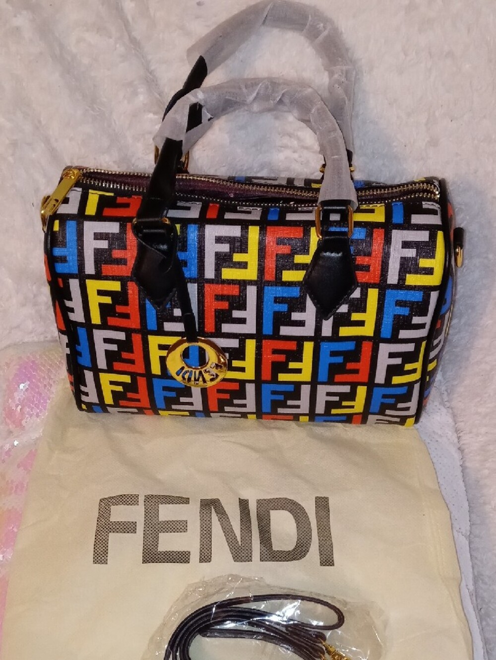 Fendi Multicolor FF Pattern Boston Bag with Black Trim - Picture 6 of 13